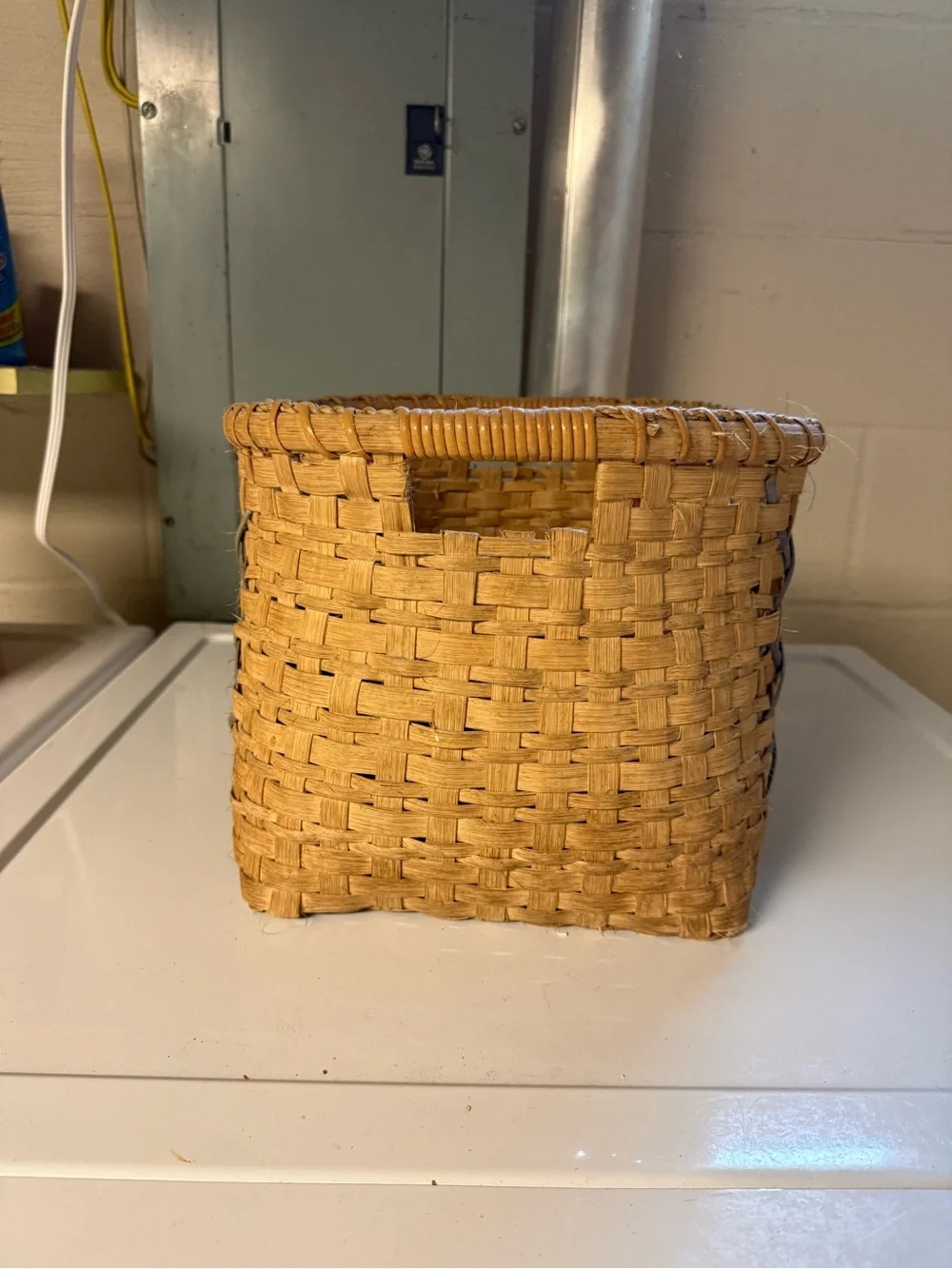 Hand Crafted Natural Woven Basket with Blue Weave Accent Country Rustic